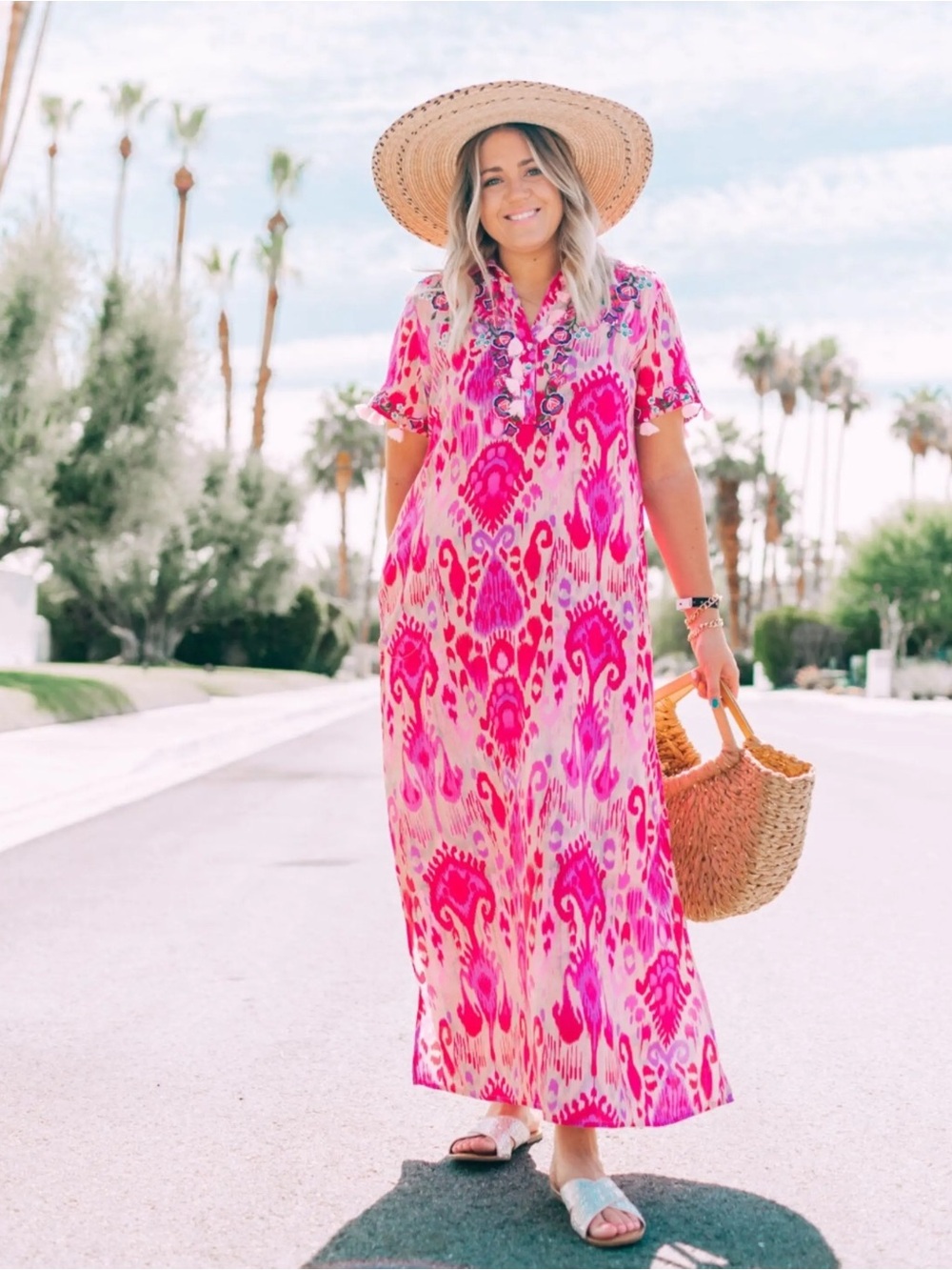 Soft Surroundings Maxi Dress Kaftan Beaded Tassels Sequin Pink 2X